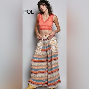 BPB226-1🧡💙POL polished Coral+blue striped wide leg striped pants+flowy fabric!